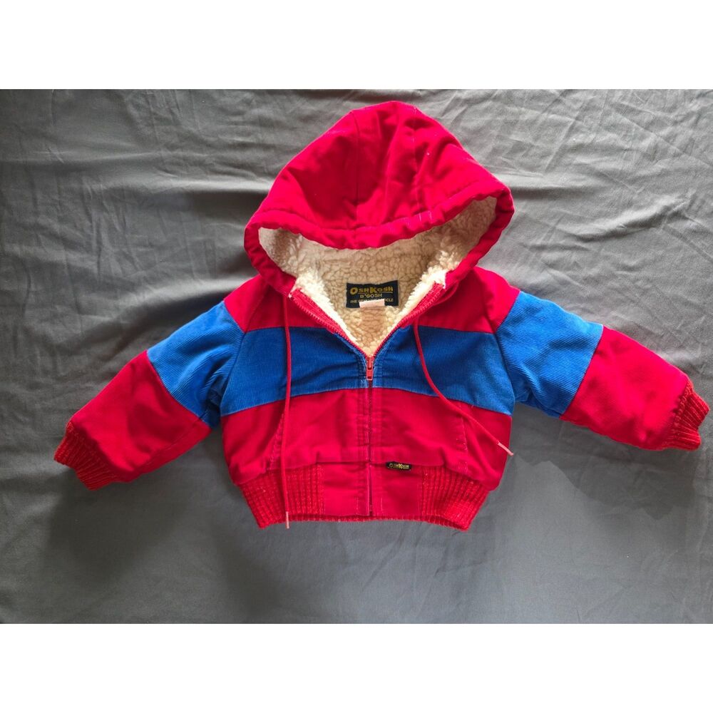 Vintage OshKosh B'Gosh Red Blue Corduroy Sherpa Lined Hooded Jacket Toddler 2